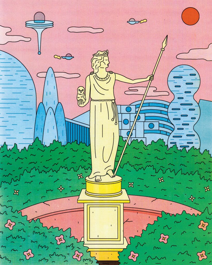 Statue and skyscrapers