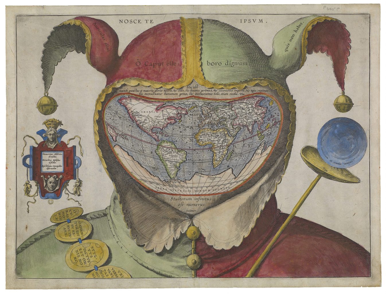 A world map set within the cap of a fool, or jester,