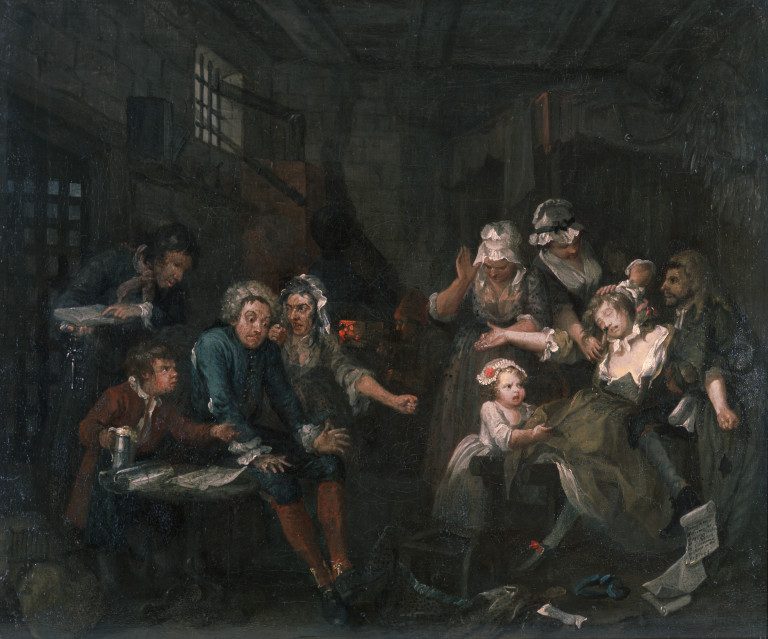 Oil painting showing people in prison