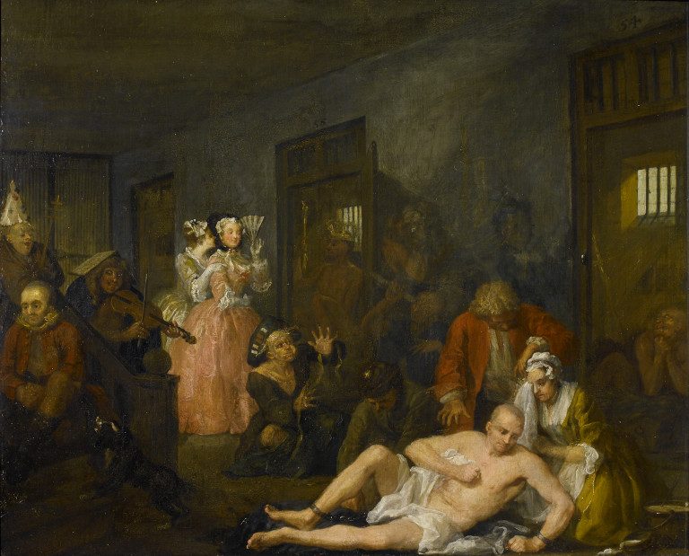Oil painting showing people in mad house