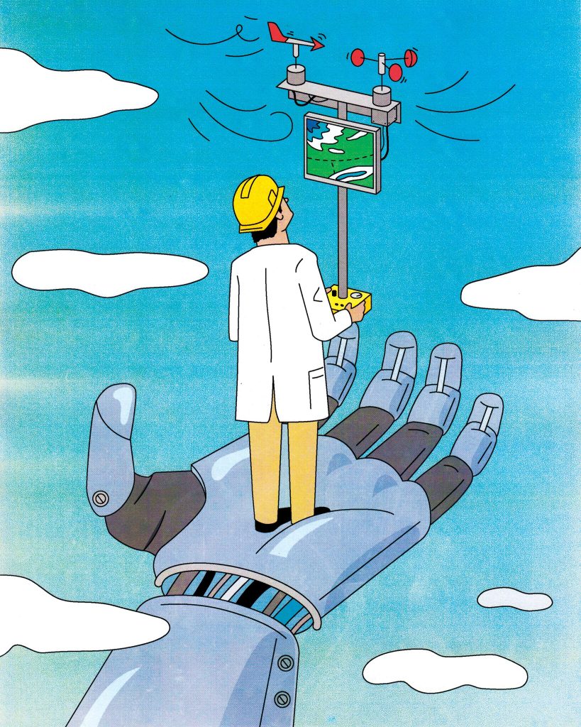Man holding scientific device and standing on robotic hand