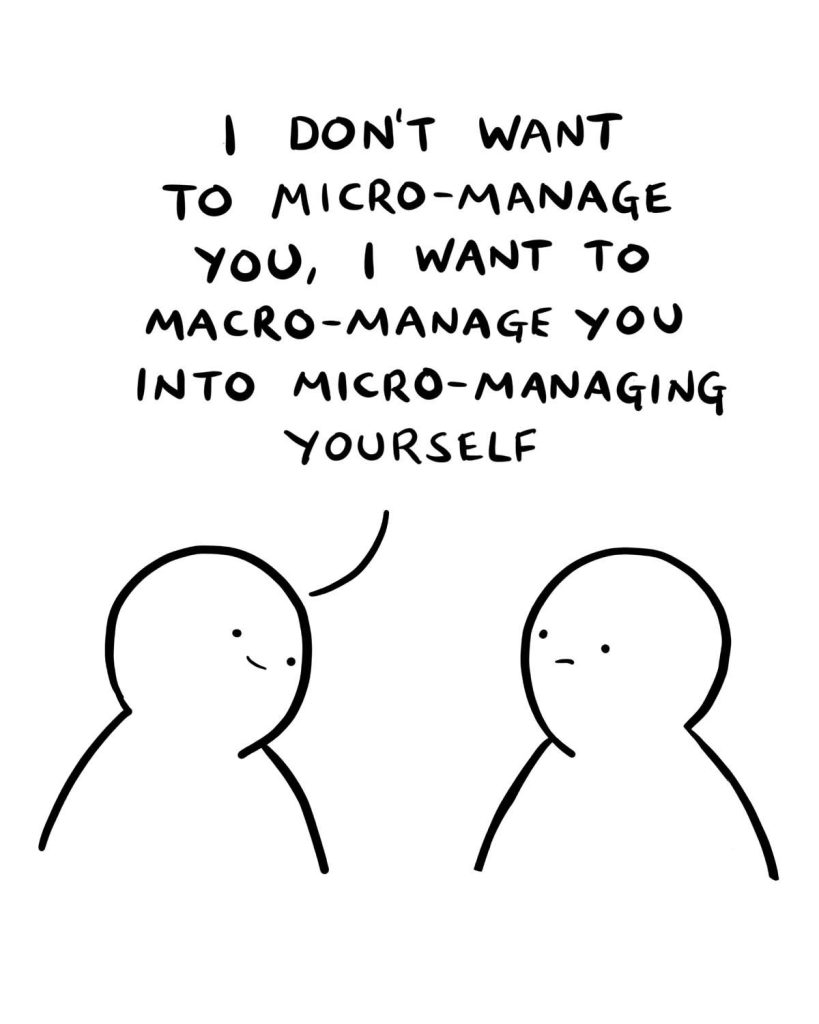 Conversation between two people about micro-managing - one is saying to the other: 'I don't want to micro-manage you, I want to macro-manage you into micro-managing yourself'