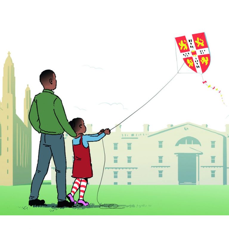 Child with father flying kite over King's College