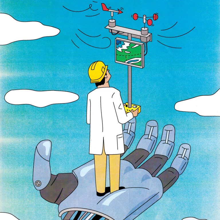 Man holding scientific equipment, standing on robot hand
