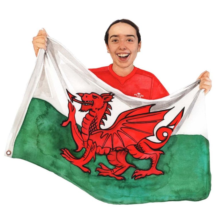Student holding Welsh flag