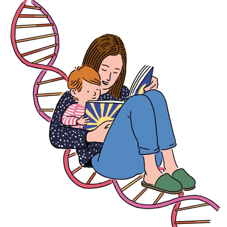 Mum reading to child sitting on DNA double helix